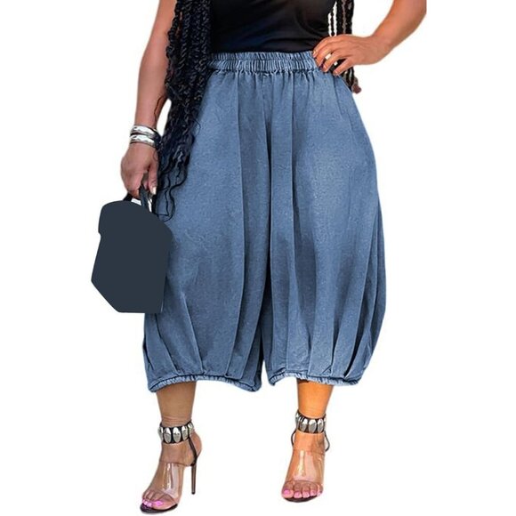 Pants - Women's Cropped Elastic Waist Denim Pants Loose Baggy Wide Leg Trousers